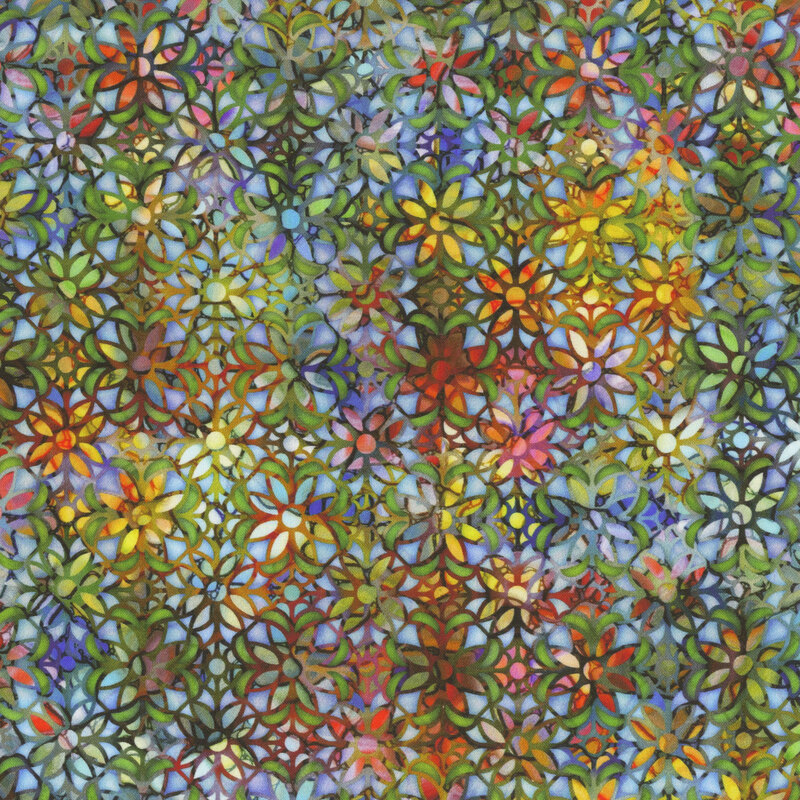Geometric florals in a rainbow of colors in a stained-glass-inspired design.