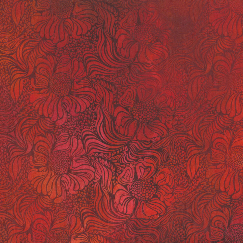 Mottled red fabric featuring a flowing design of flowers