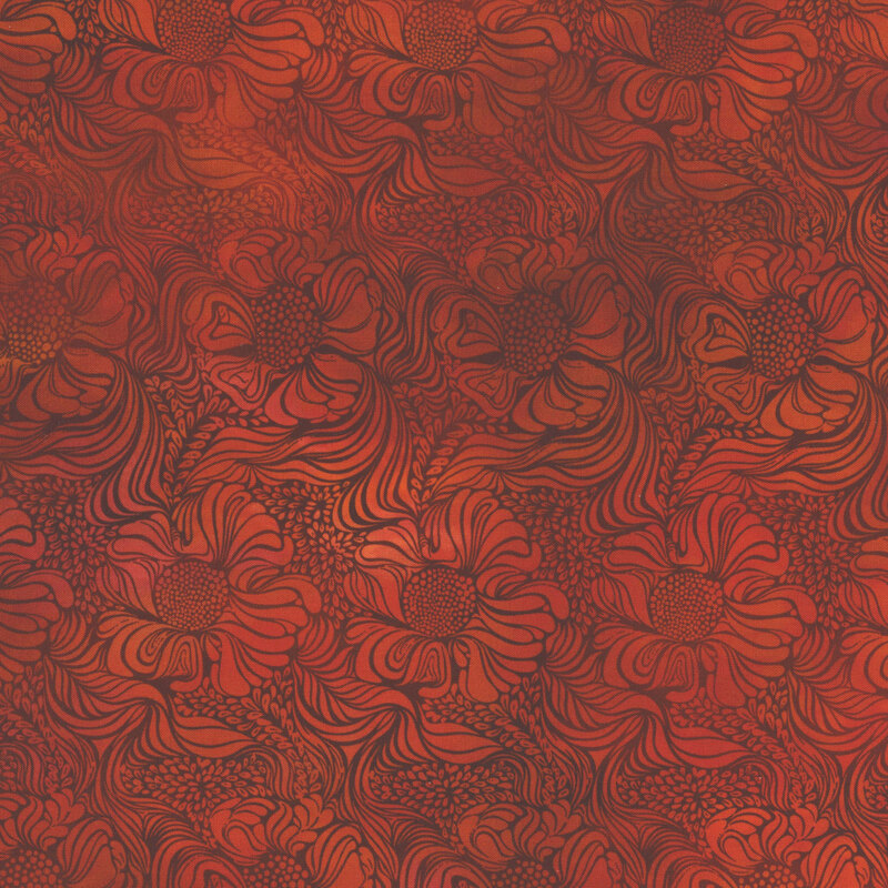Mottled red fabric featuring a flowing design of flowers