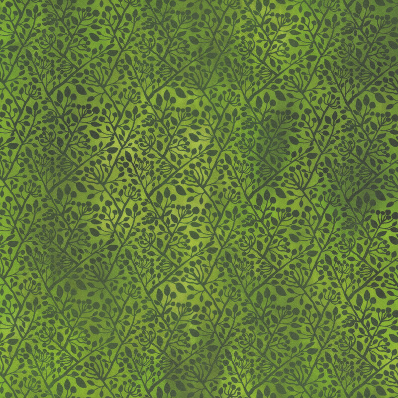 Mottled green fabric featuring leafy, interconnecting branches