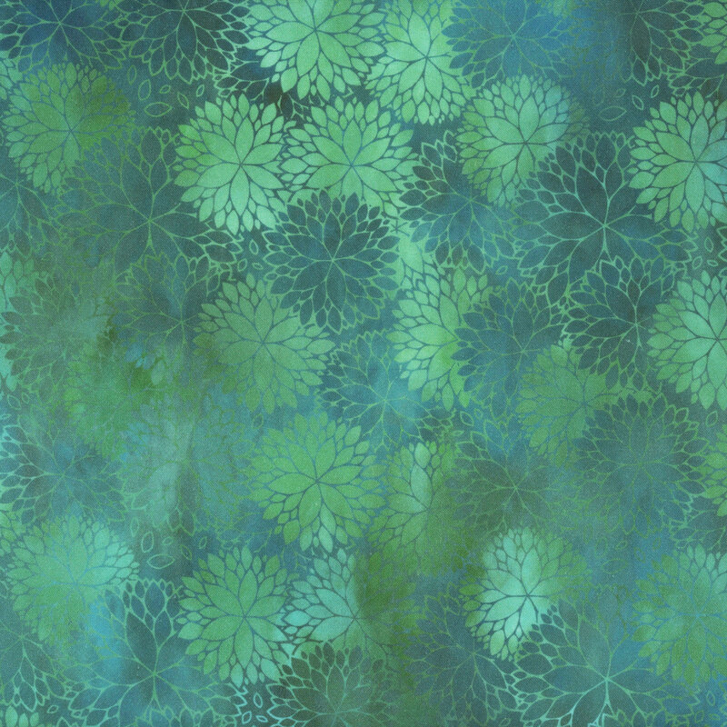 Mottled dark teal fabric featuring outlined and silhouette floral blossoms.