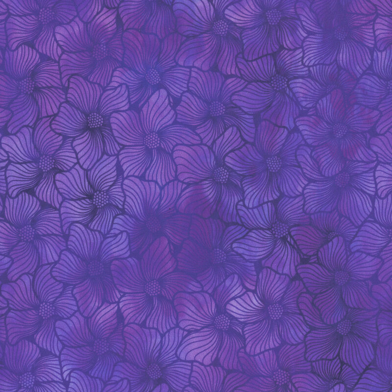 Mottled violet fabric features packed floral outlines.