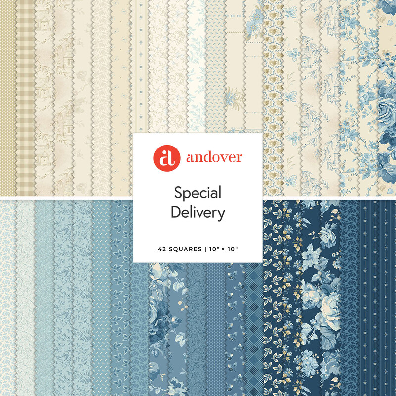 Collage of fabrics in the collection, in beige, robin's egg, and denim blue with soft floral motifs