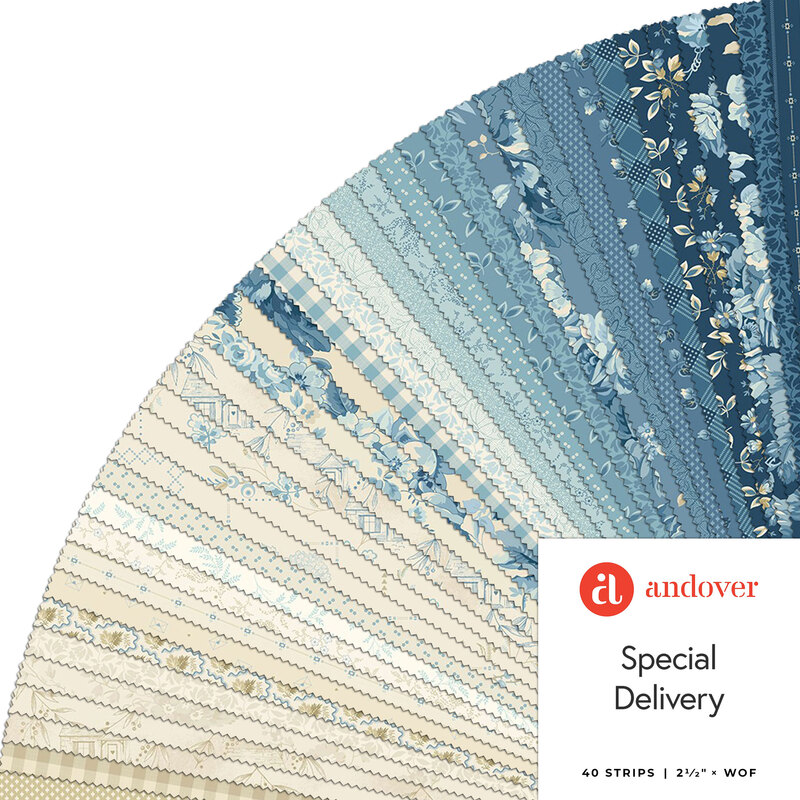 Fanned out collage of fabrics in the collection, in beige, robin's egg, and denim blue with soft floral motifs