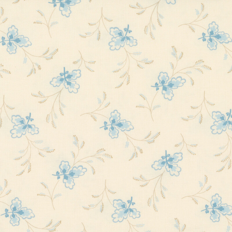 A tossed pattern of stylized blue florals and tan sprigs of grass on a beige background