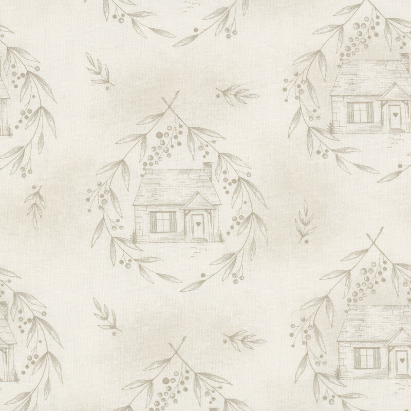 Mottled beige fabric with a stylized pattern of cottages surrounded by leafy wreaths in light brown