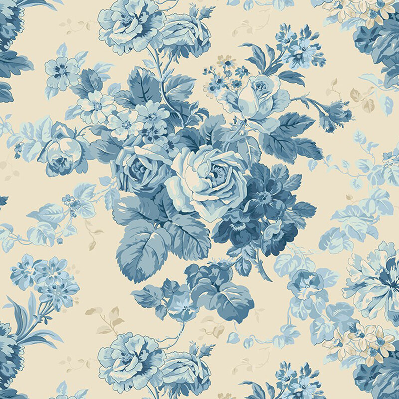 Warm beige fabric with a toile pattern of vintage blue floral bouquets