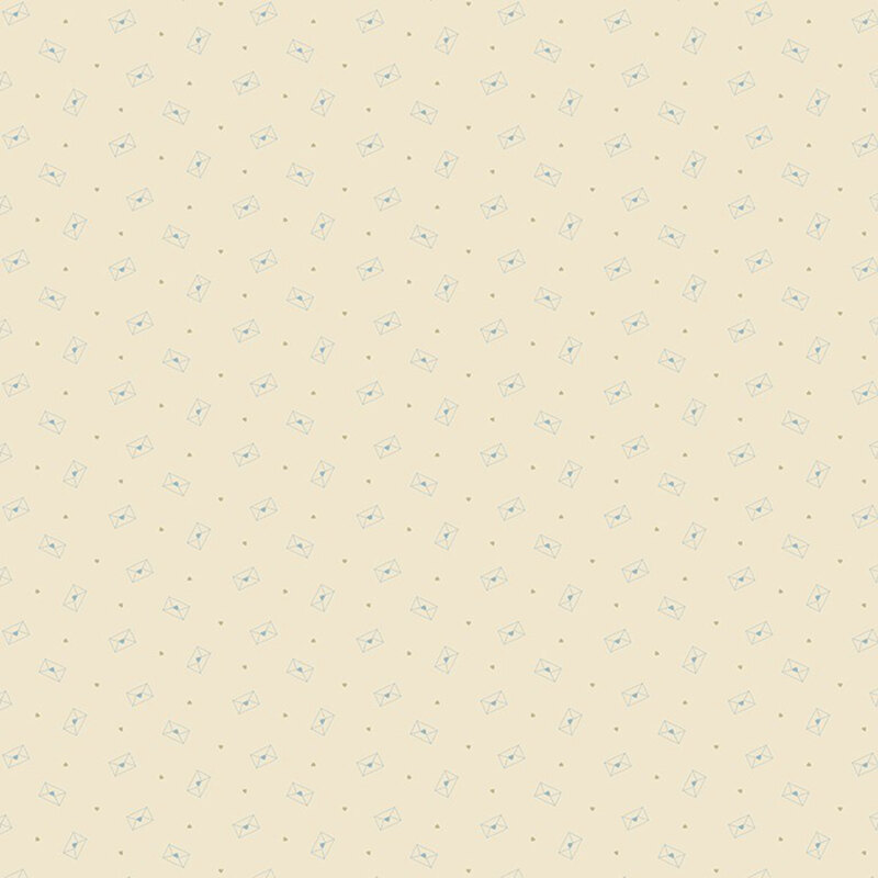 A cream beige fabric with a delicate pattern of tossed letters outlined in blue with small, interspersed tan hearts
