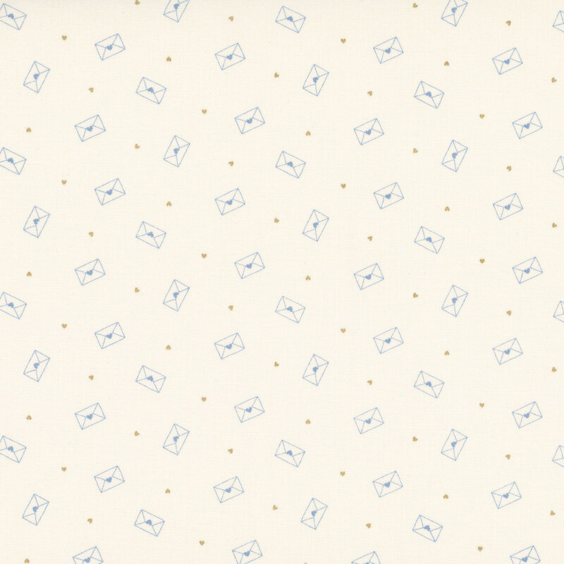 A cream beige fabric with a delicate pattern of tossed letters outlined in blue with small, interspersed tan hearts