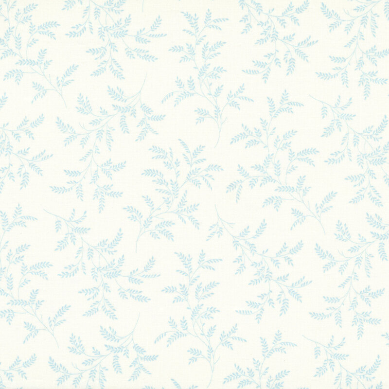 Cream fabric with a tossed pattern of delicate light teal leaves