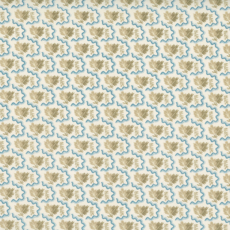 Pattern of blue scallops and gold leaves on a cream background