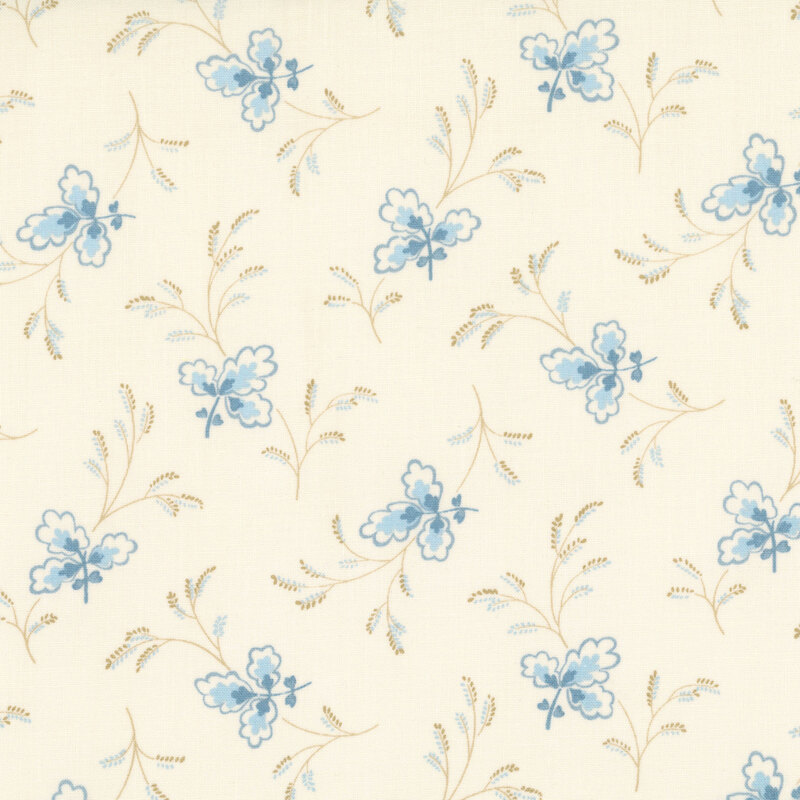 A tossed pattern of stylized blue florals and tan sprigs of grass on a beige background
