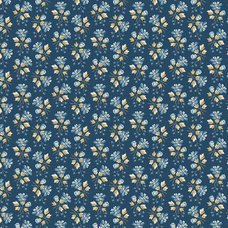 Indigo fabric with blue, cream, and taupe floral bunches