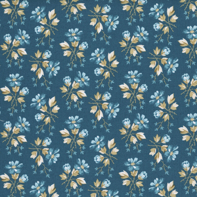 Indigo fabric with blue, cream, and taupe floral bunches