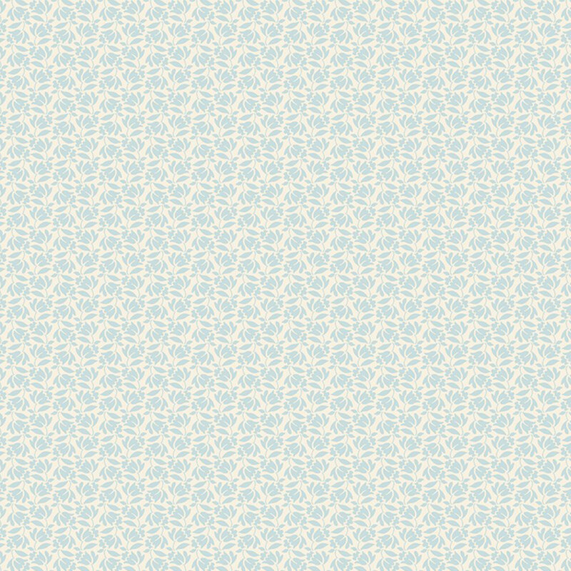 Cream fabric with a dense calico pattern of robin egg blue flowers