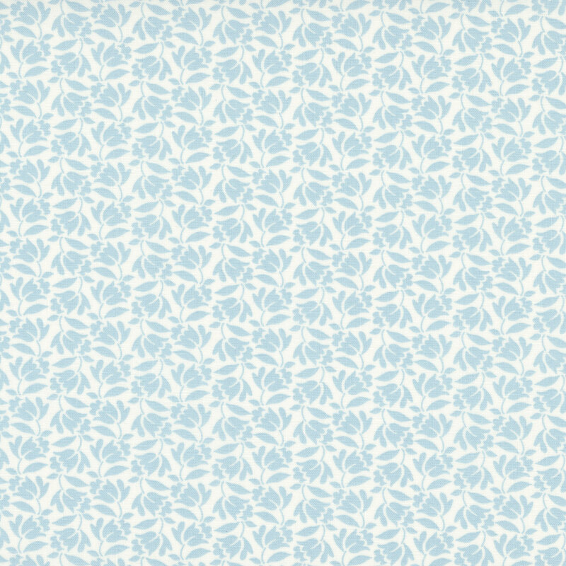 Cream fabric with a dense calico pattern of robin egg blue flowers