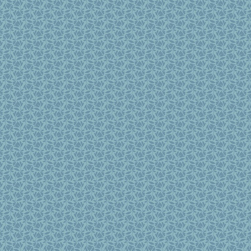 Denim blue fabric with a dense calico pattern of medium blue flowers