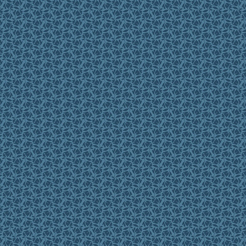 Cadet blue fabric with a dense calico pattern of deep indigo flowers