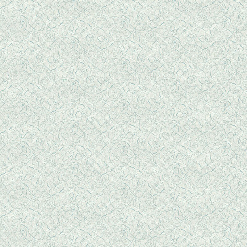 A textured light mint colored fabric with a stylized pattern of flowers and vines