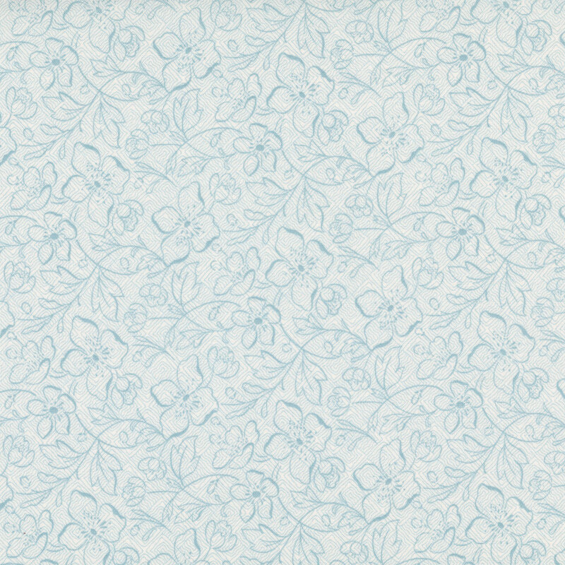 A textured ice blue colored fabric with a stylized pattern of flowers and vines