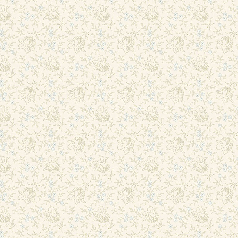 Cream fabric with a textured calico pattern of beige and light blue florals and vines