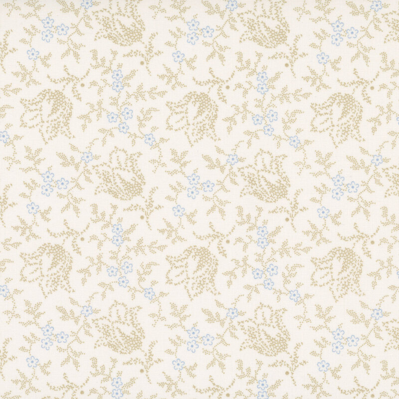 Cream fabric with a textured calico pattern of beige and light blue florals and vines