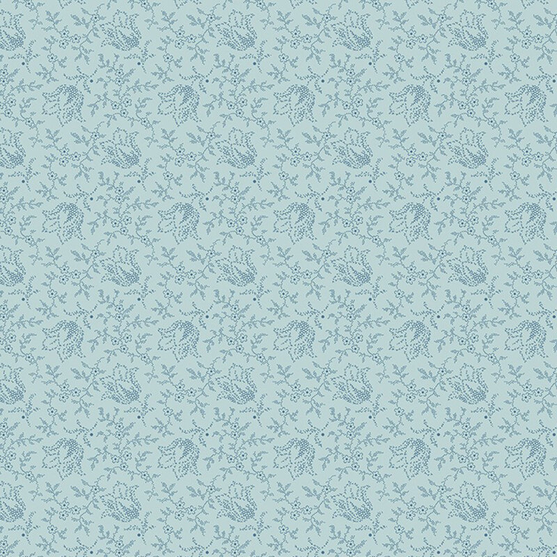Robin's egg blue fabric with a textured calico pattern of indigo florals and vines