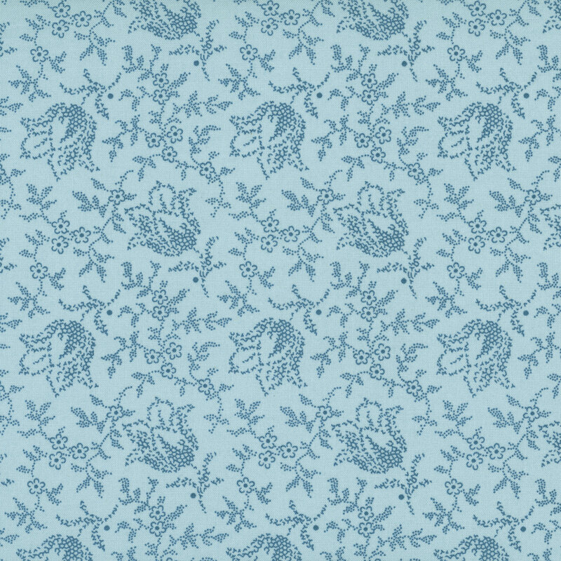 Robin's egg blue fabric with a textured calico pattern of indigo florals and vines