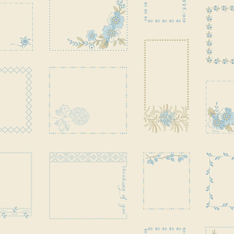 Cream fabric with a pattern of vintage stationary motifs in robin's egg blue and tan