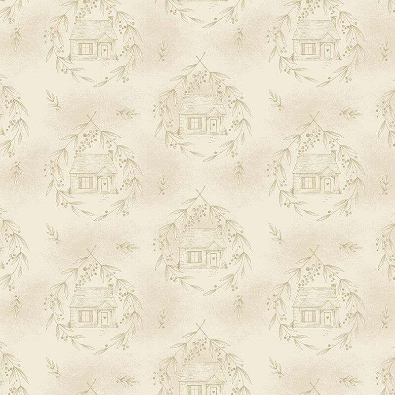 Mottled beige fabric with a stylized pattern of cottages surrounded by leafy wreaths in light brown