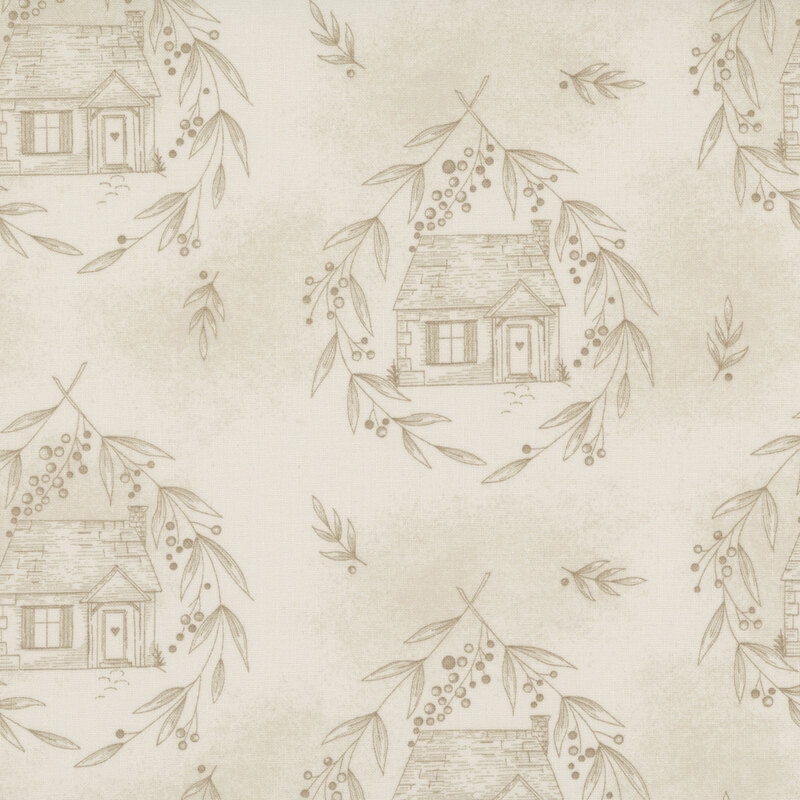 Mottled beige fabric with a stylized pattern of cottages surrounded by leafy wreaths in light brown