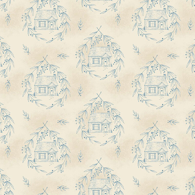 Mottled beige fabric with a blue stylized pattern of cottages surrounded by leafy wreaths