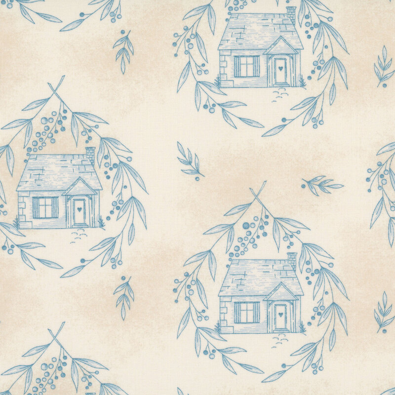 Mottled beige fabric with a blue stylized pattern of cottages surrounded by leafy wreaths