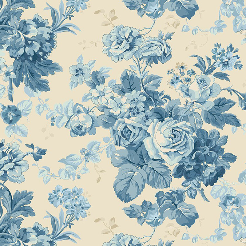 Warm beige fabric with a toile pattern of vintage blue floral bouquets