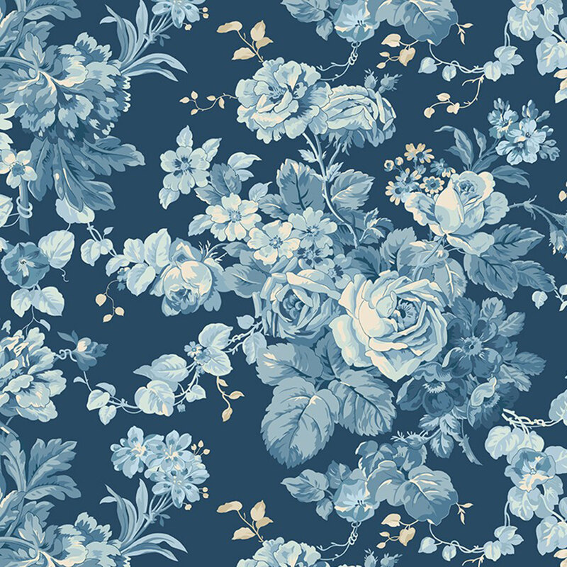 Prussian blue fabric with a light blue and cream toile pattern of vintage floral bouquets