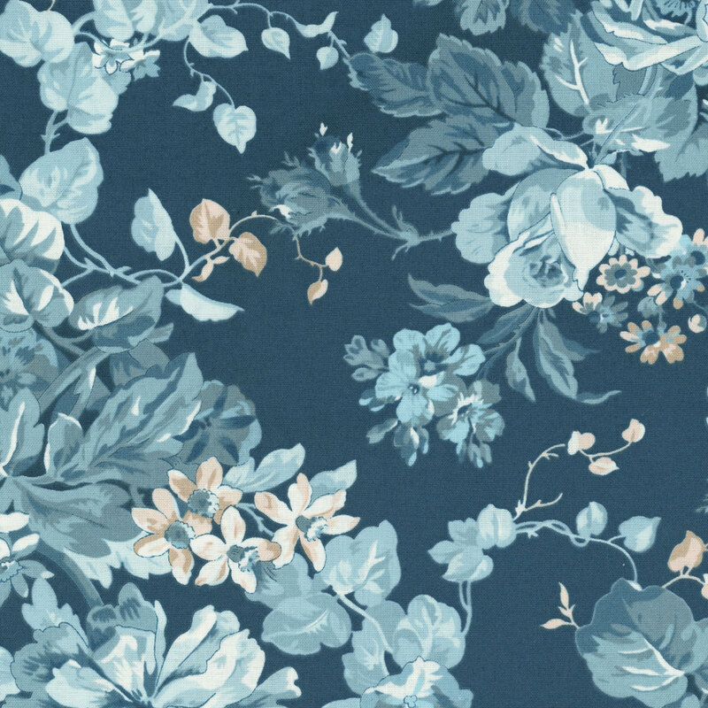Prussian blue fabric with a light blue and cream toile pattern of vintage floral bouquets