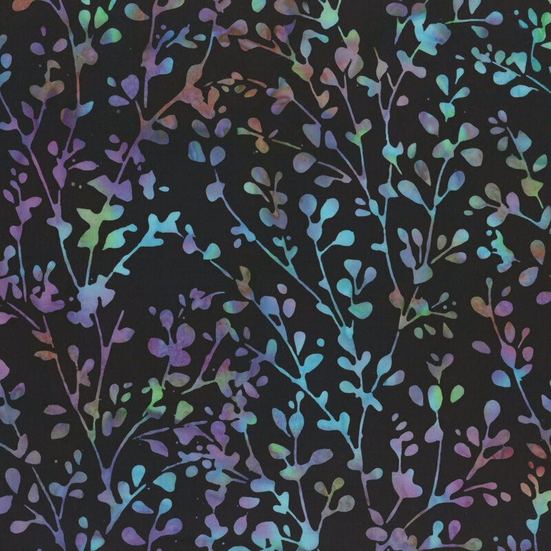 Black fabric with mottled teal, purple, and orange leaves and vines.