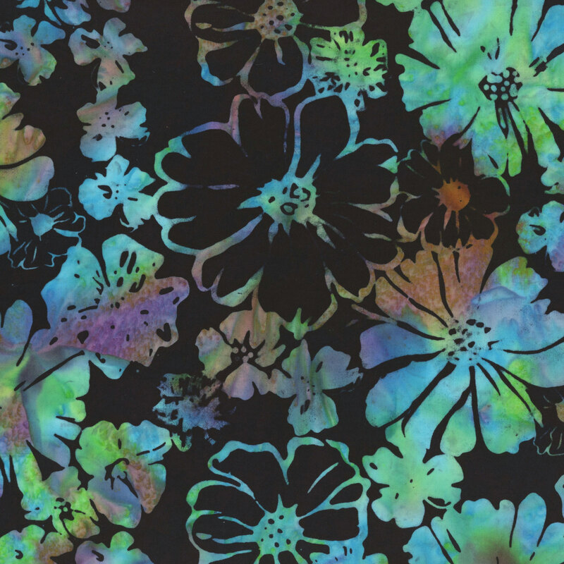 Black fabric with mottled teal, purple, and orange flowers.