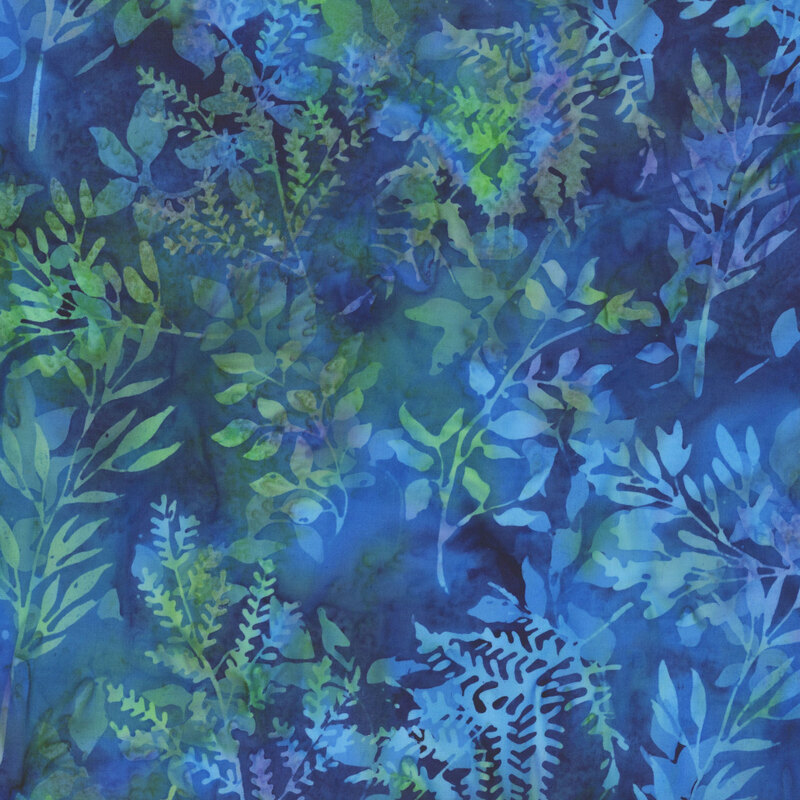 Dark blue fabric with mottled purple, teal, and green leafy stems.