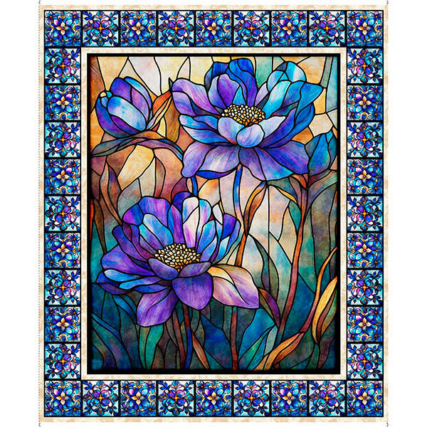A purple fabric panel featuring three flowers bordered by panels of smaller flowers in a stained glass style. 