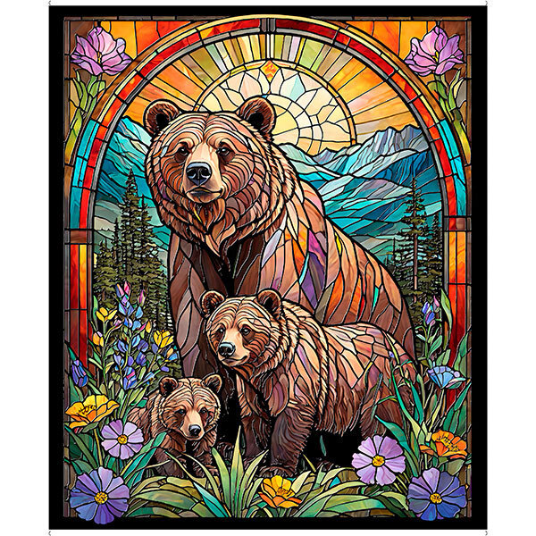 A multi-color fabric panel featuring three bears in a forest scene framed by a stained glass window. 