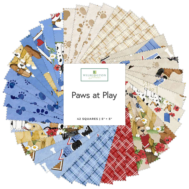 Various fabric squares in colorful patterns featuring dogs, with a central label reading Paws at Play.