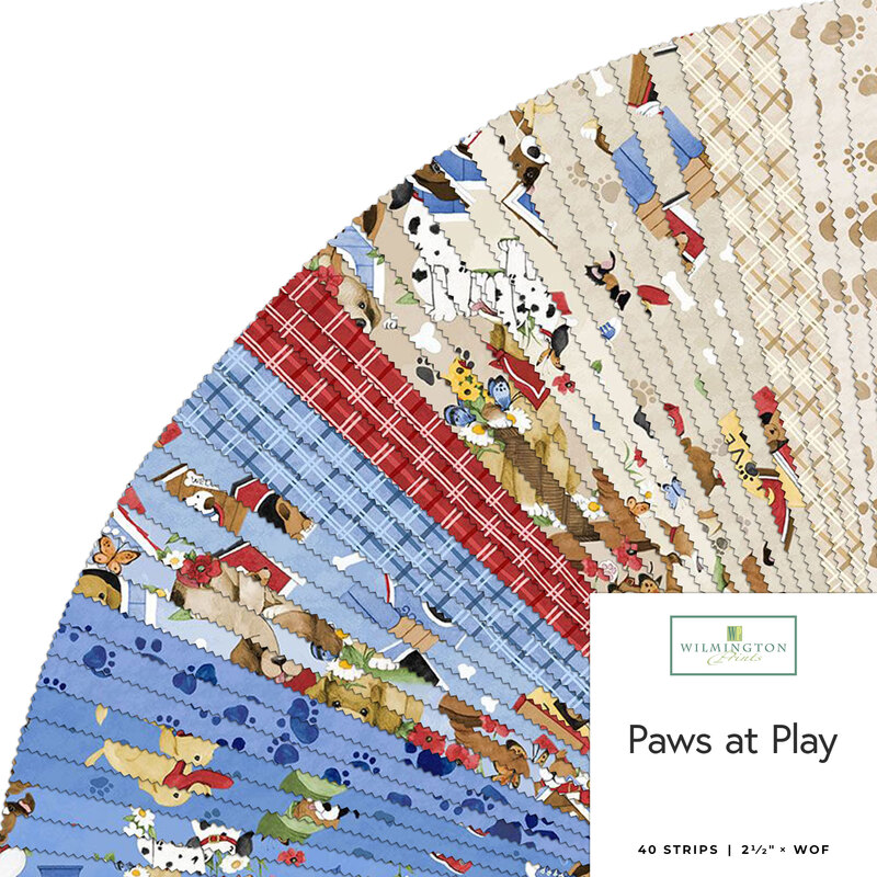 Colorful fabric strips featuring playful dog patterns and designs, labeled Paws at Play.