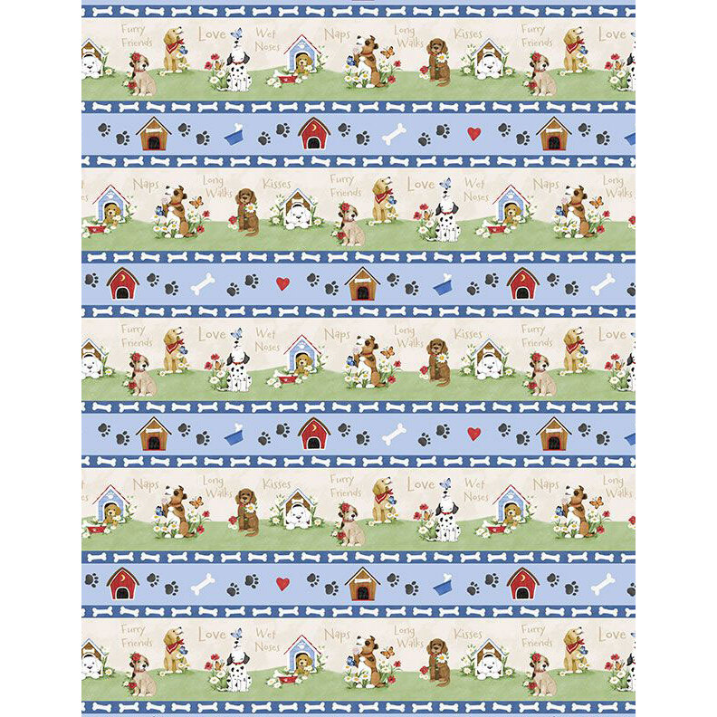 Mottled border print with striped bands of dog motifs, including bones, doghouses, text, pawprints, and hearts.