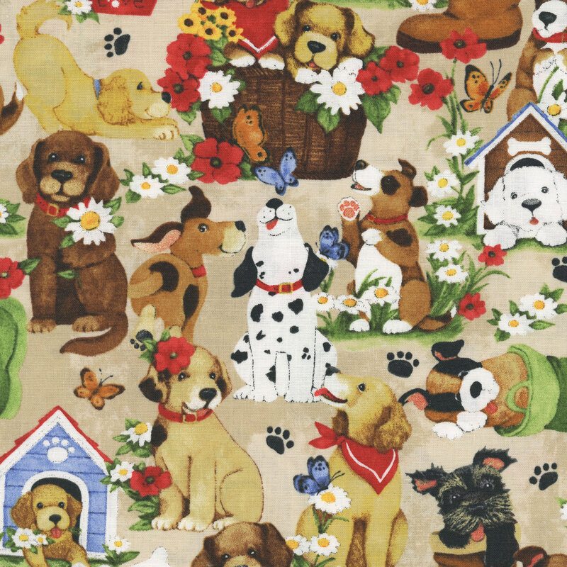 Mottled tan fabric with a dense pattern of doghouses, dogs, florals, and other pet-themed motifs.