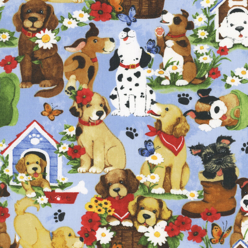 Mottled light blue fabric with a charming, dense pattern of doghouses, dogs, florals, and other pet-themed motifs.