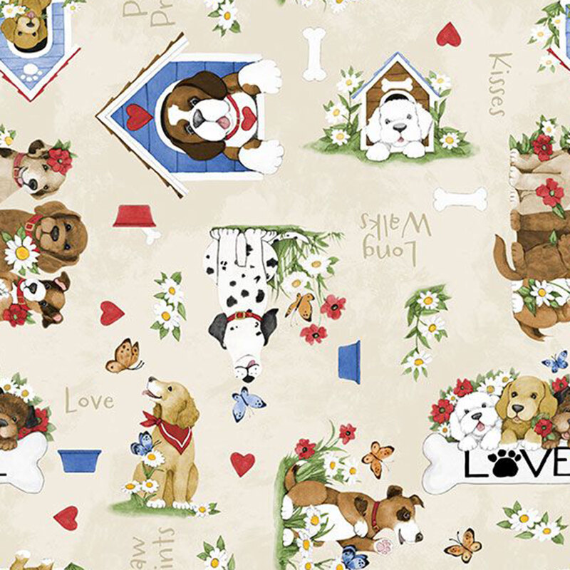 Mottled cream fabric with a charming pattern of doghouses, dogs, florals, and text.