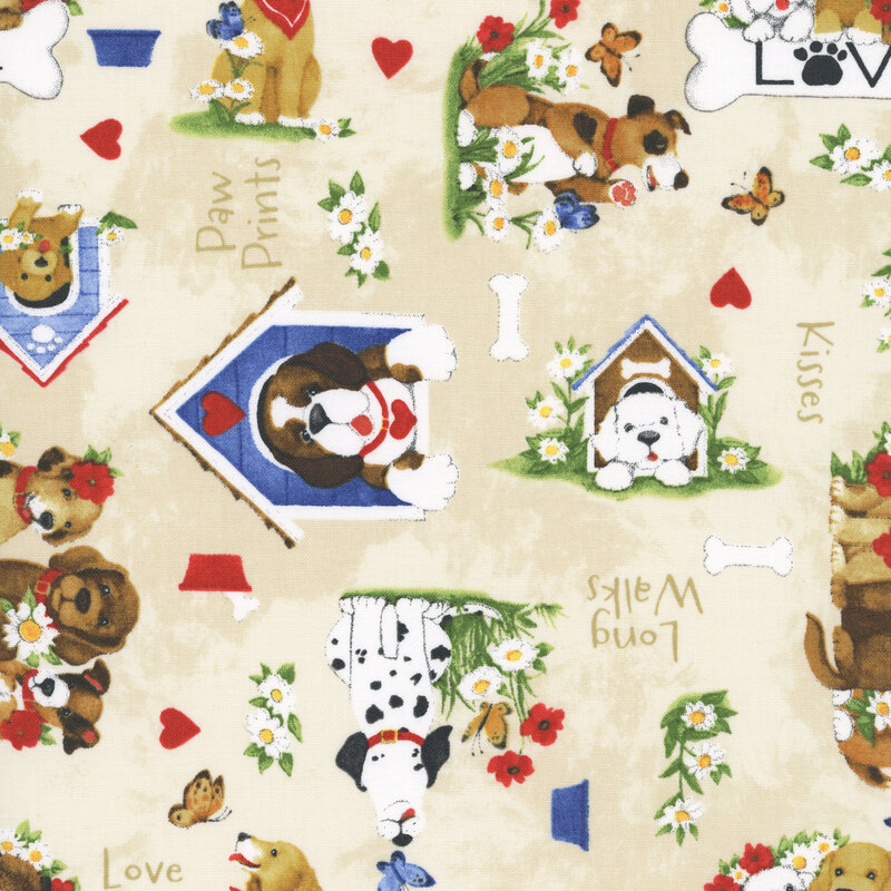 Mottled cream fabric with a charming pattern of doghouses, dogs, florals, and text.