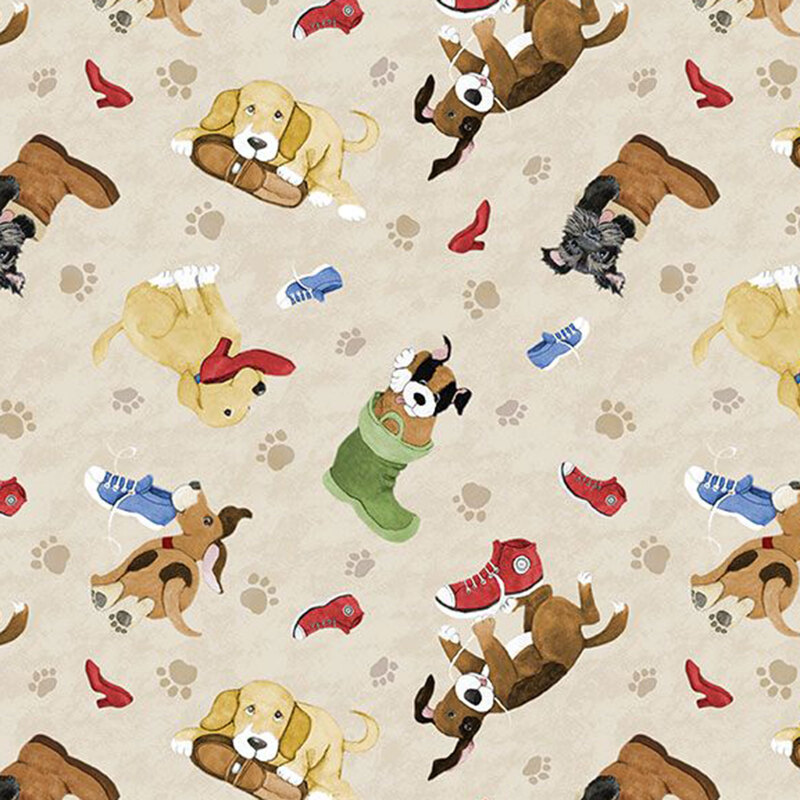 Mottled tan fabric with a pattern of cartoon dogs interacting with footwear, with pawprints scattered in the background.