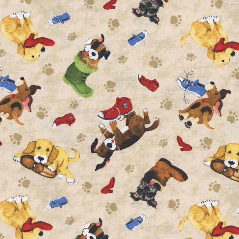 Mottled tan fabric with a pattern of cartoon dogs interacting with footwear, with pawprints scattered in the background.